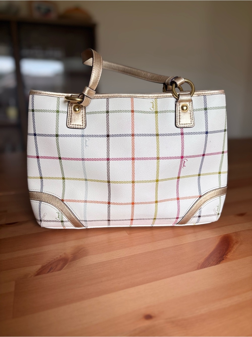 Coach White Plaid Tote with Gold Accents - Picture 8 of 15